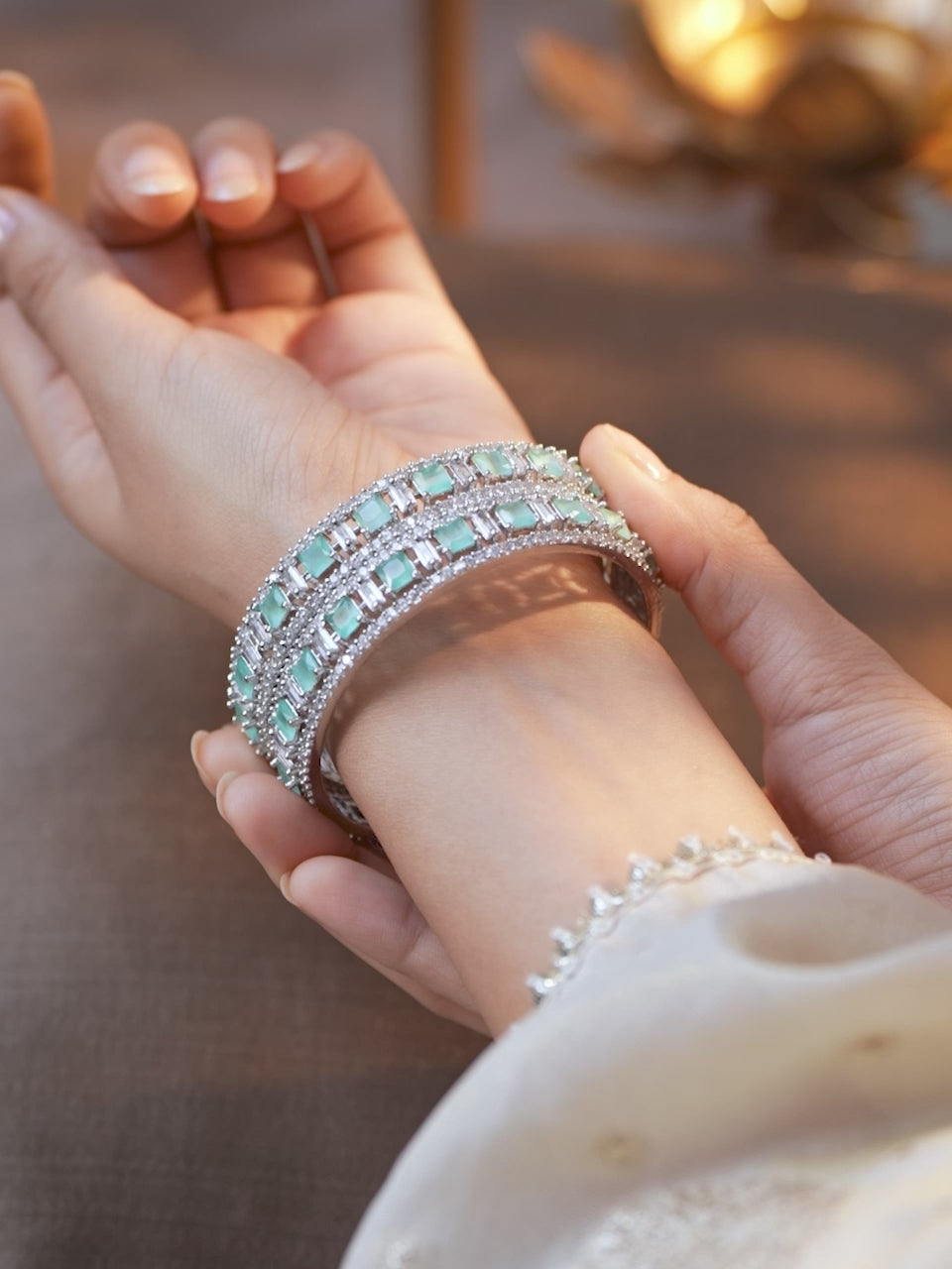 Rubans Set of 2 Silver-Plated Mint Green & White Cubic Zirconia Studded Premium Bangles