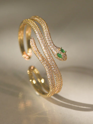 Rubans 22K Gold-Plated Double Snake-Design Emerald and Cubic Zirconia Openable Bracelet