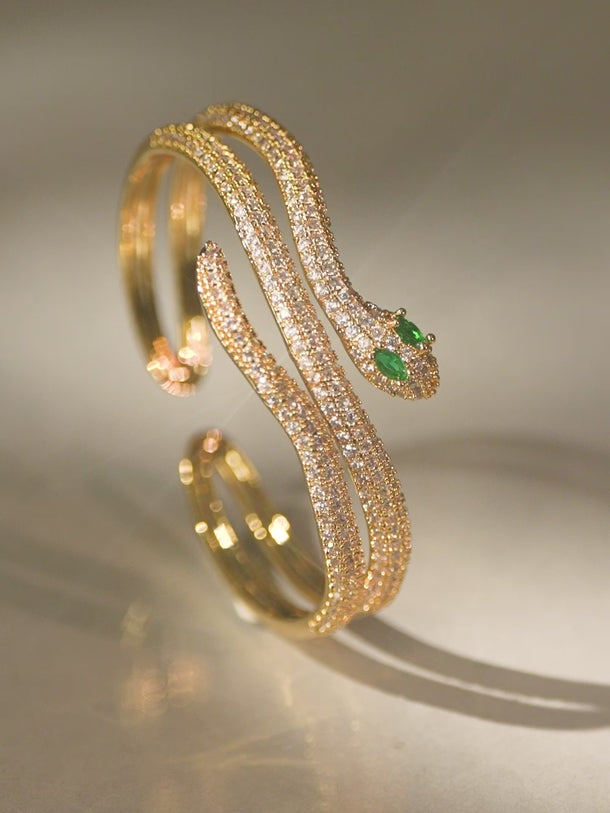 Rubans 22K Gold-Plated Double Snake-Design Emerald and Cubic Zirconia Openable Bracelet