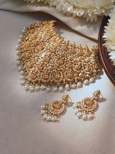 Laxmi Motif Necklace Set with Pearl Drops