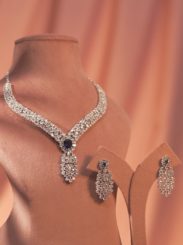 American Diamond Zirconia Blue Accented Necklace Set