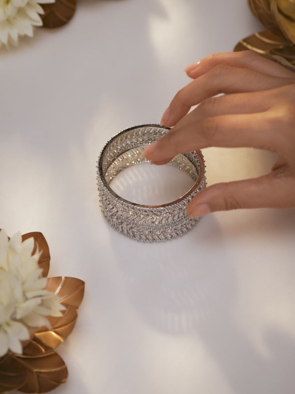 Rubans Set of 2 Rhodium-Plated White Cubic Zirconia Studded Leaf Design Premium Bangles