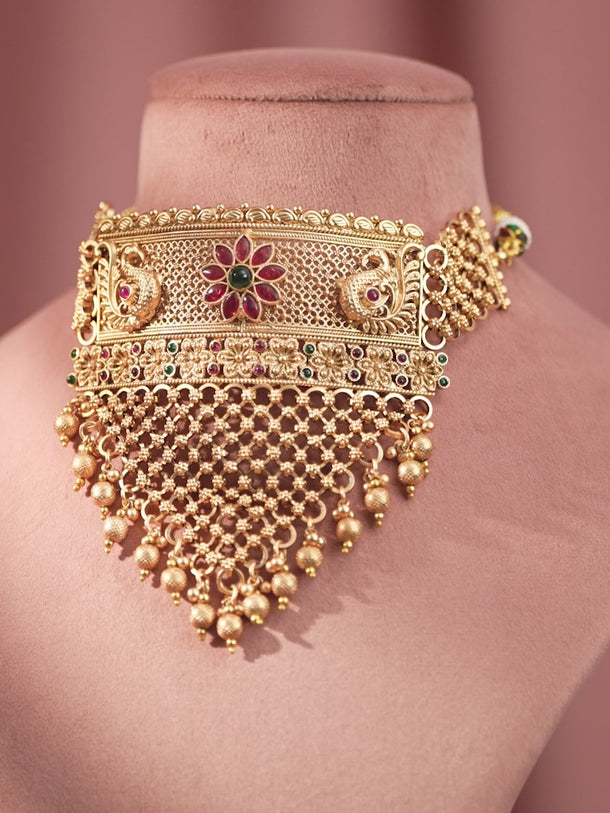 Rubans 22K Gold-Plated Ruby & Emerald and Golden Beaded Detailing Handcrafted Choker Set