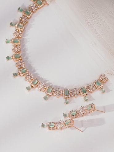 Rubans 22K Rose Gold Plated Mint Green Sapphire & Cubic Zirconia Studded Jewelry Set Design