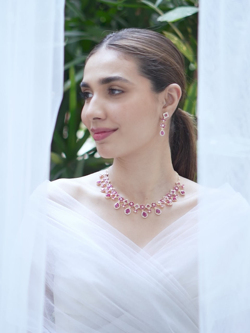 Rubans 22K Gold-Plated Ruby Pink & White Cubic Zirconia Studded Floral Drop Necklace Set