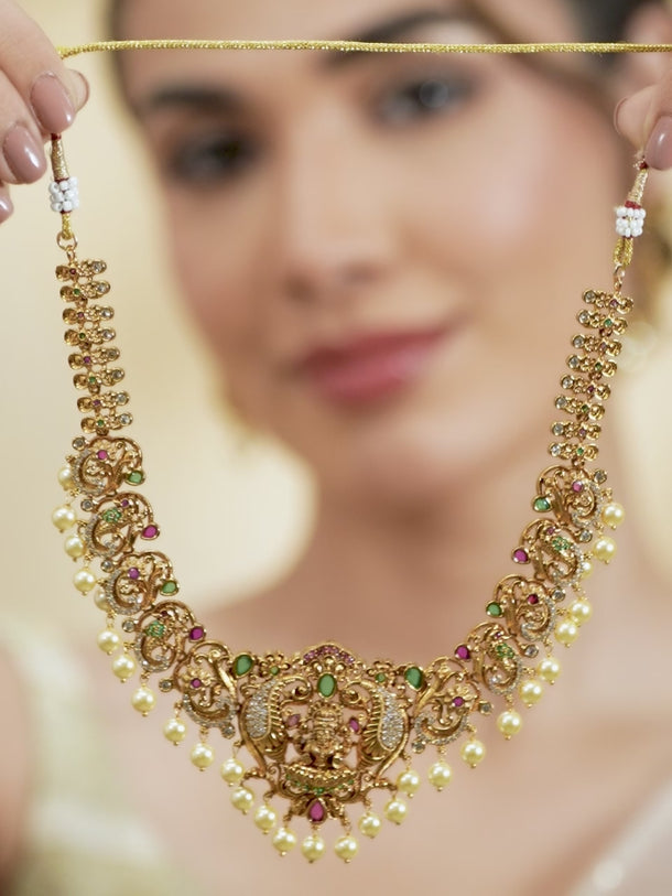Peacock Motif Gold Toned Pearl Necklace Set