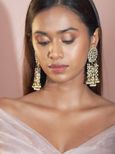 Rubans 22K Gold Plated Handcrafted Kundan Studded Floral Design 3-Layered Jhumka Earrings