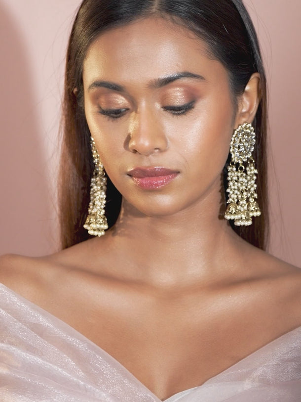 Rubans 22K Gold Plated Handcrafted Kundan Studded Floral Design 3-Layered Jhumka Earrings