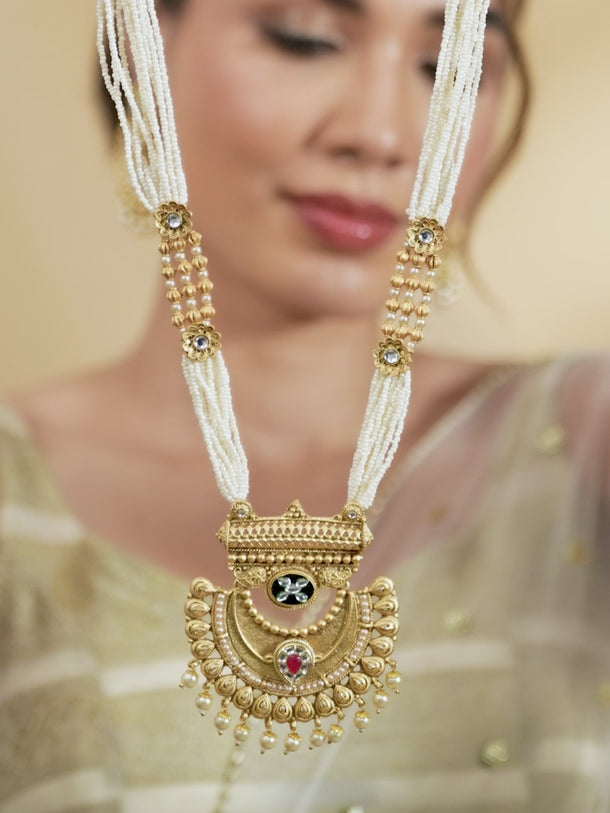 Rubans 22K Gold-Plated Pearl Beaded Multi-Strand Necklace Set with Kundan & Ruby Accents and Earrings