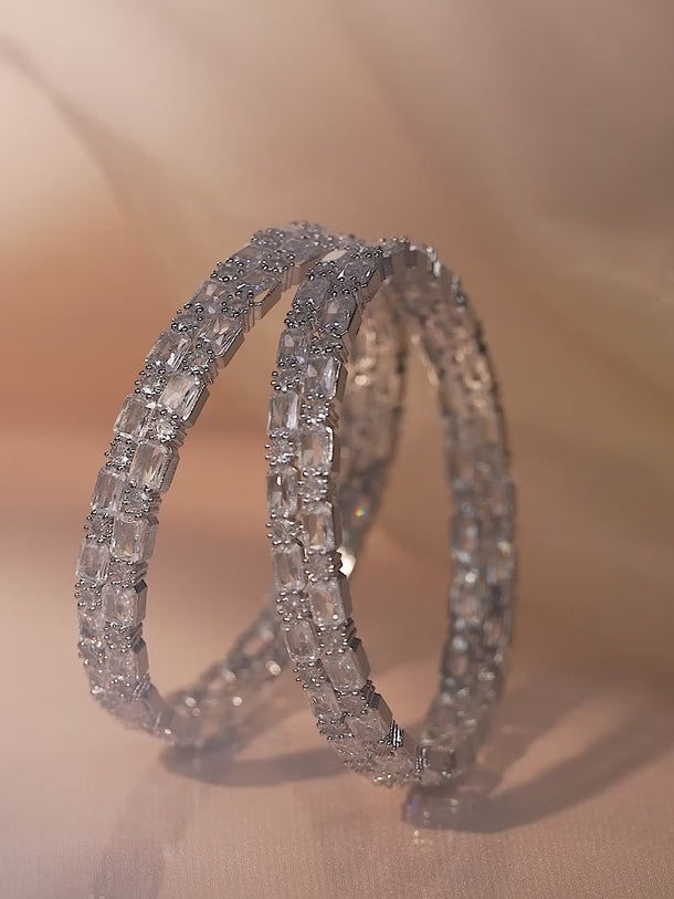 Rubans Set of 2 Rhodium-Plated Crystal White AD & Cubic Zirconia Studded Premium Bangles