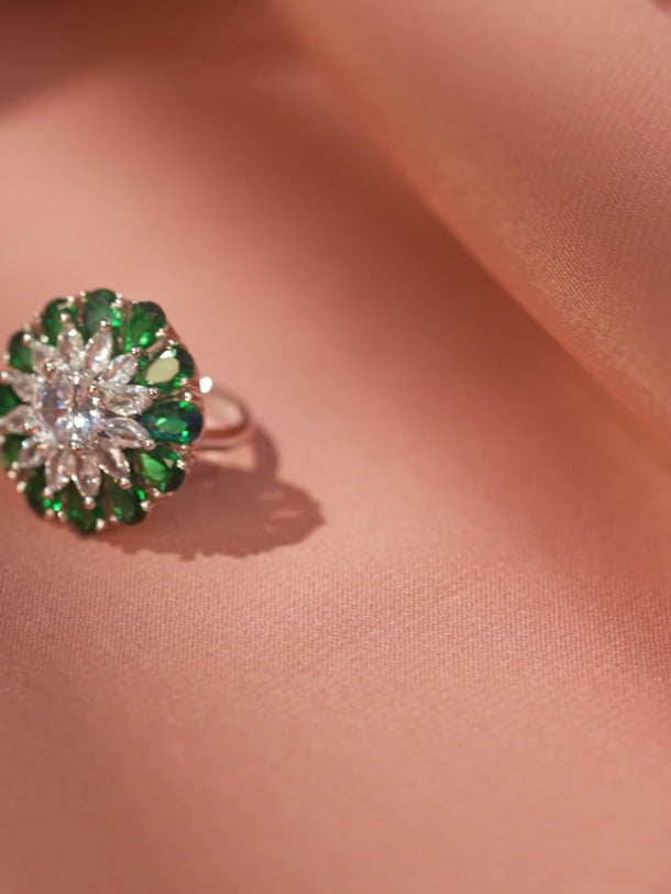 Emerald & White Studded Floral Ring