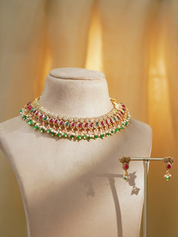 Ruby Studded Green Pearl Drop Necklace Set