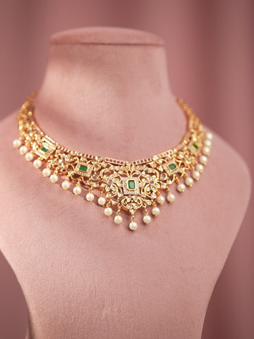 Rubans 22K Gold Plated Handcrafted Faux Ruby Stone with Gold Beads Traditional Necklace Set