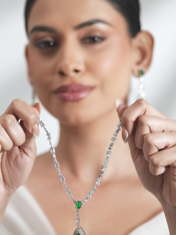 Teardrop American Diamond Zirconia Green Necklace Set