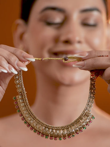 Floral Motif Red & Green Studded Necklace Set