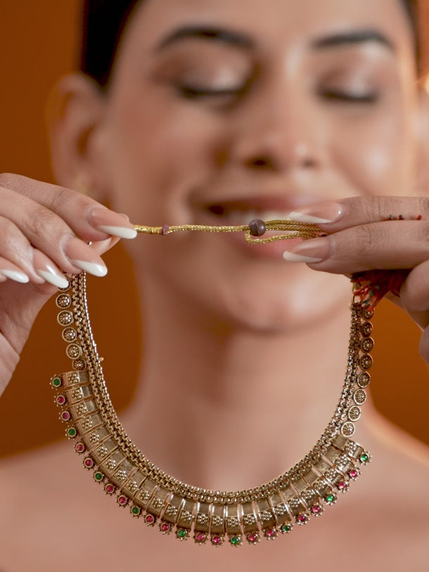 Floral Motif Red & Green Studded Necklace Set