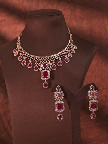 Rubans 24K Rose Gold Plated Ruby Pink Sapphire & Cubic Zirconia Studded Handcrafted Premium Jewellery Set