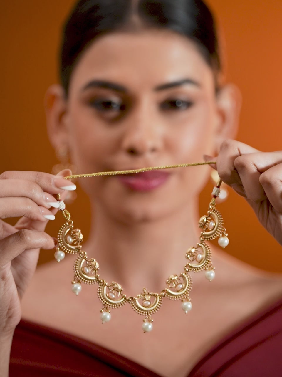 Golden Temple Necklace Set with Pearl Drops