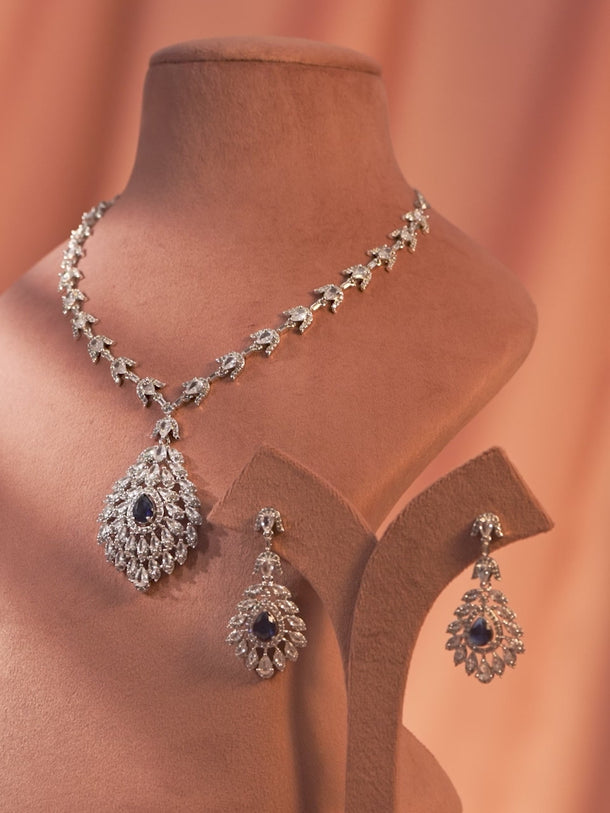 Blue Teardrop Necklace Set with American Diamond Zirconia