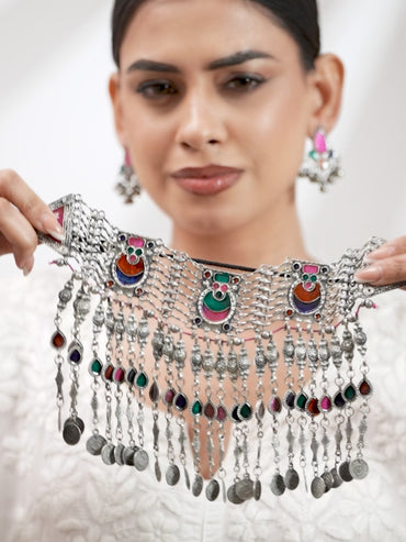 Multicolor Oxidised Afghani Necklace Set