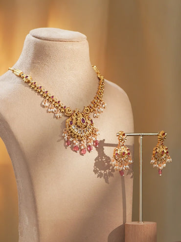 Golden Pearl Drop Pink Necklace Set
