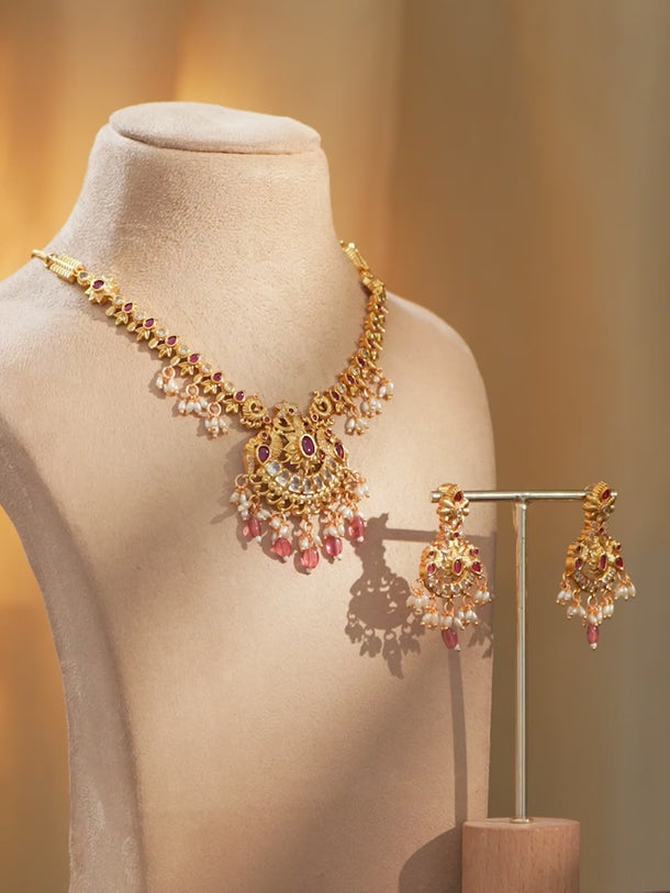 Golden Pearl Drop Pink Necklace Set