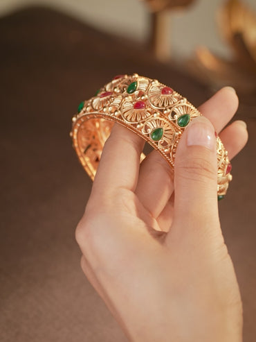 Rubans Set of 2, 24K Gold-Plated Handcrafted Bangles with Ruby Red & Emerald Green Stones