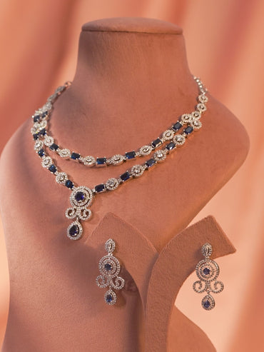 Blue Studded American Diamond Zirconia Layered Necklace Set