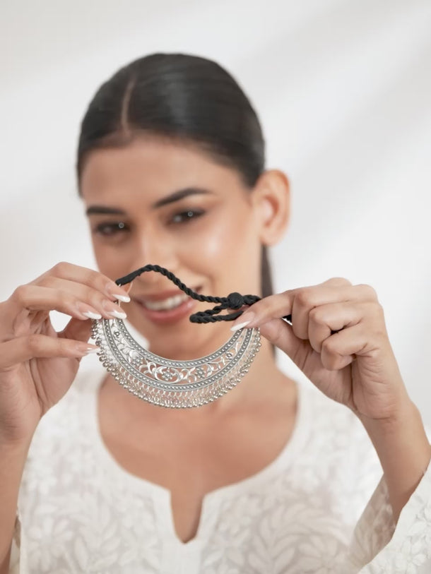 Rubans Oxidised Silver Plated Handcrafted Filligree Necklace