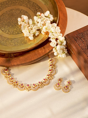 Rubans 24K Gold-Plated Ruby Pink & Cubic Zirconia Studded Temple Necklace Set with Chandbali Earrings