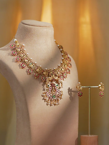 Peacock Motif Red temple Necklace Set