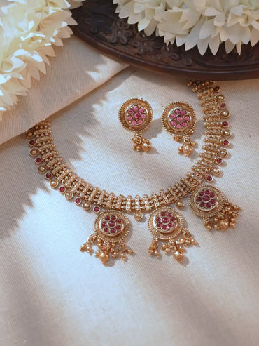 Pink Studded Golden Beads Necklace Set