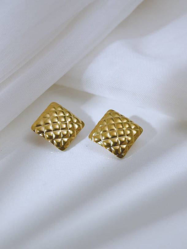 Demifine 18K Gold Plated Stainless steel Golden Quilt Stud Earrings
