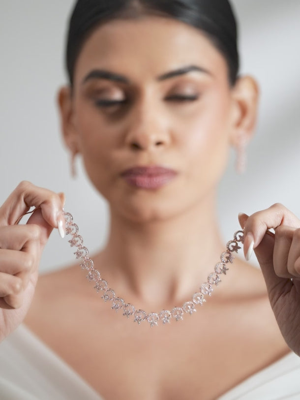 Rubans Contemporary Rose Gold Toned Necklace Set in CZ Stone