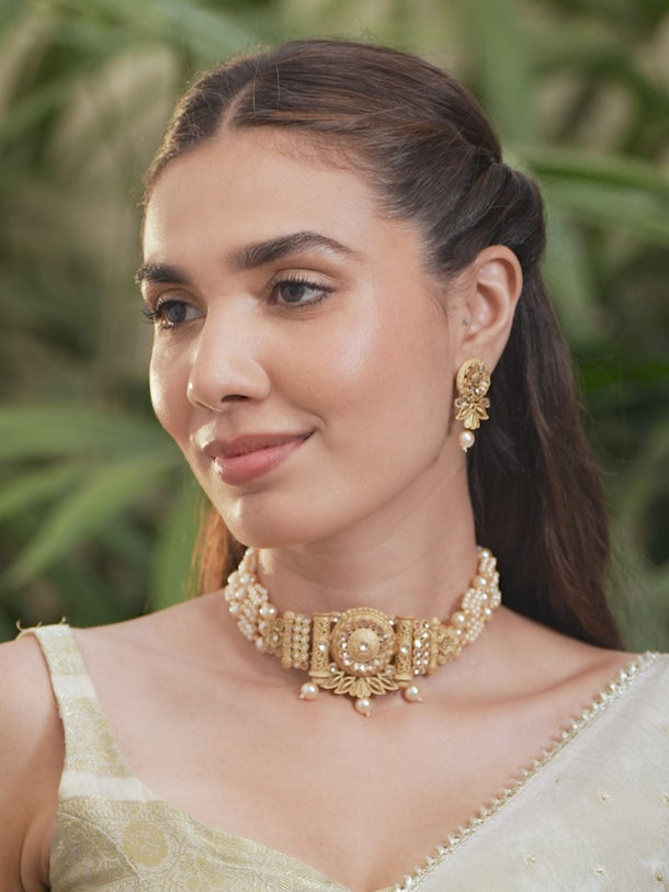 Pearl Beaded Floral Golden Choker Set