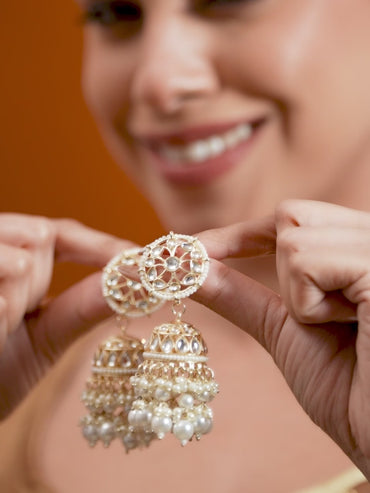 Rubans 24K Gold Plated Handcrafted Kundan with White perals Jhumka Earrings