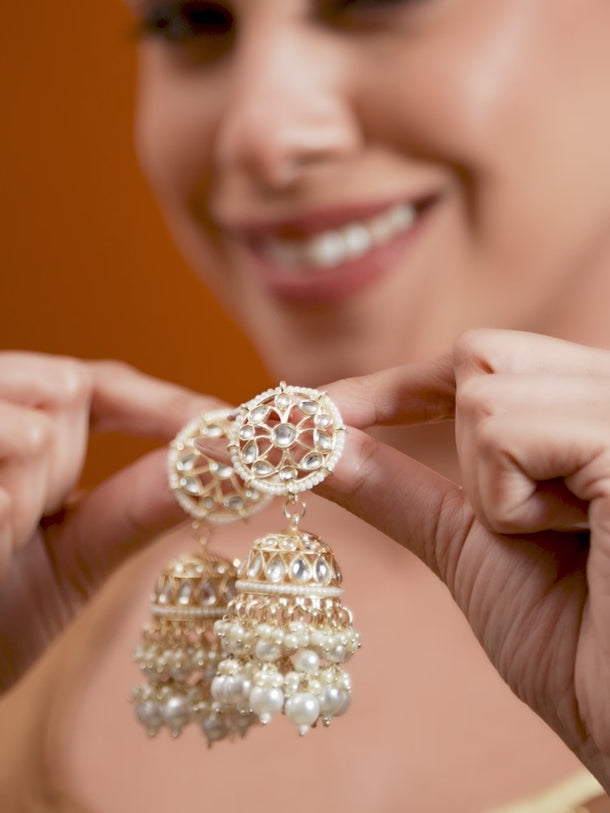 Rubans 24K Gold Plated Handcrafted Kundan with White perals Jhumka Earrings