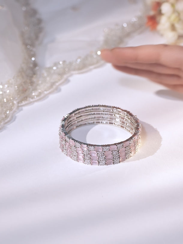 Rubans Set of 4 Rhodium Plated Crystal Pink & White Cubic Zirconia Studded Premium Bangles