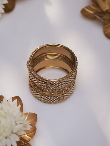 Rubans Set of 6 Gold Plated Pearl & Stone Studded Traditional Handcrafted Bangles
