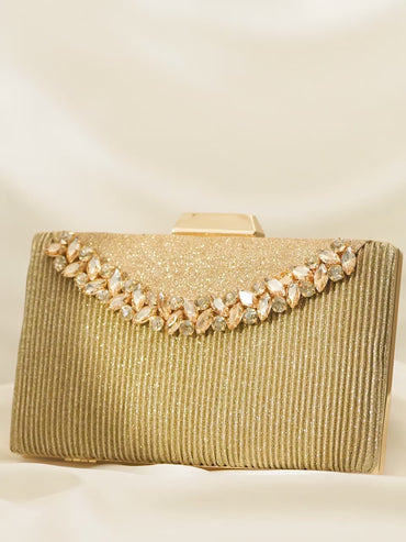 Rubans Golden-Tone Box Clutch Sling Bag Featuring American Diamonds