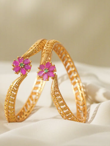 Rubans Set Of 2 24K Gold-Plated Ruby Pink Stone Floral Handcrafted Traditional Bangles