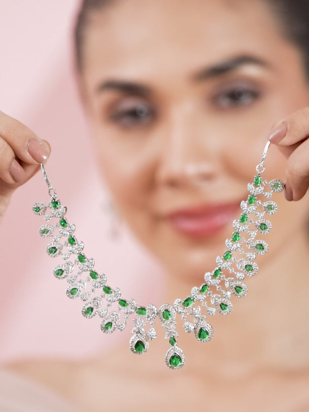 American Diamond Zirconia Green Teardrop Necklace Set