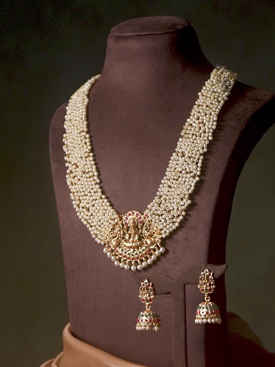 Rubans 24K Gold Plated Temple Necklace Set With Pearls Design