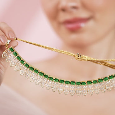 Rubans Gold Plated Green & White Stone Studded American Diamond Necklace Set.