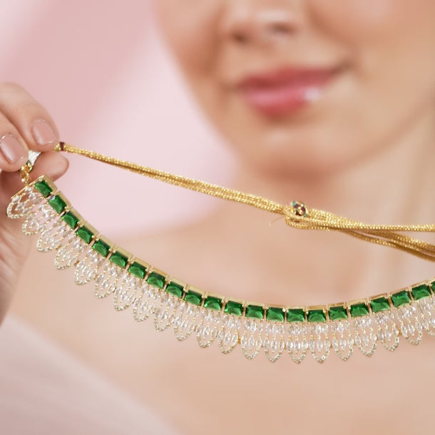 Rubans Gold Plated Green & White Stone Studded American Diamond Necklace Set.