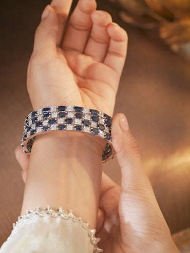 Rubans Set of 4 Rhodium-Plated Blue Sapphire & Cubic Zirconia Studded Premium Bangles