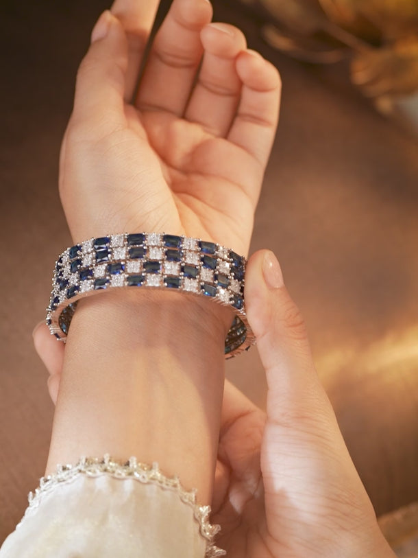 Rubans Set of 4 Rhodium-Plated Blue Sapphire & Cubic Zirconia Studded Premium Bangles