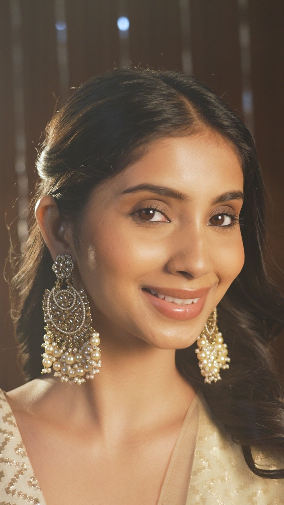 Rubans 22K Gold Plated Kundan Studded Handcrafted Long Chandbali with Cream-Colored Pearls