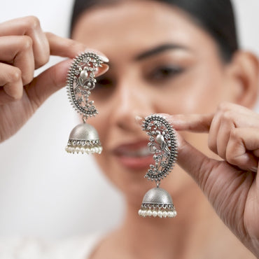 Rubans Women Silver-Toned Dome Shaped Jhumkas Earrings
