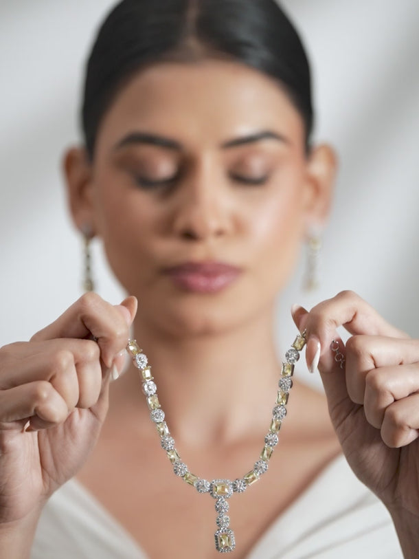 Citrine Studded American Diamond Zirconia Necklace Set